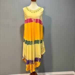 Boho Hippie Tie-Dye Sleeveless Flowy Dress Asymmetrical Handkerchief Hem, Size L